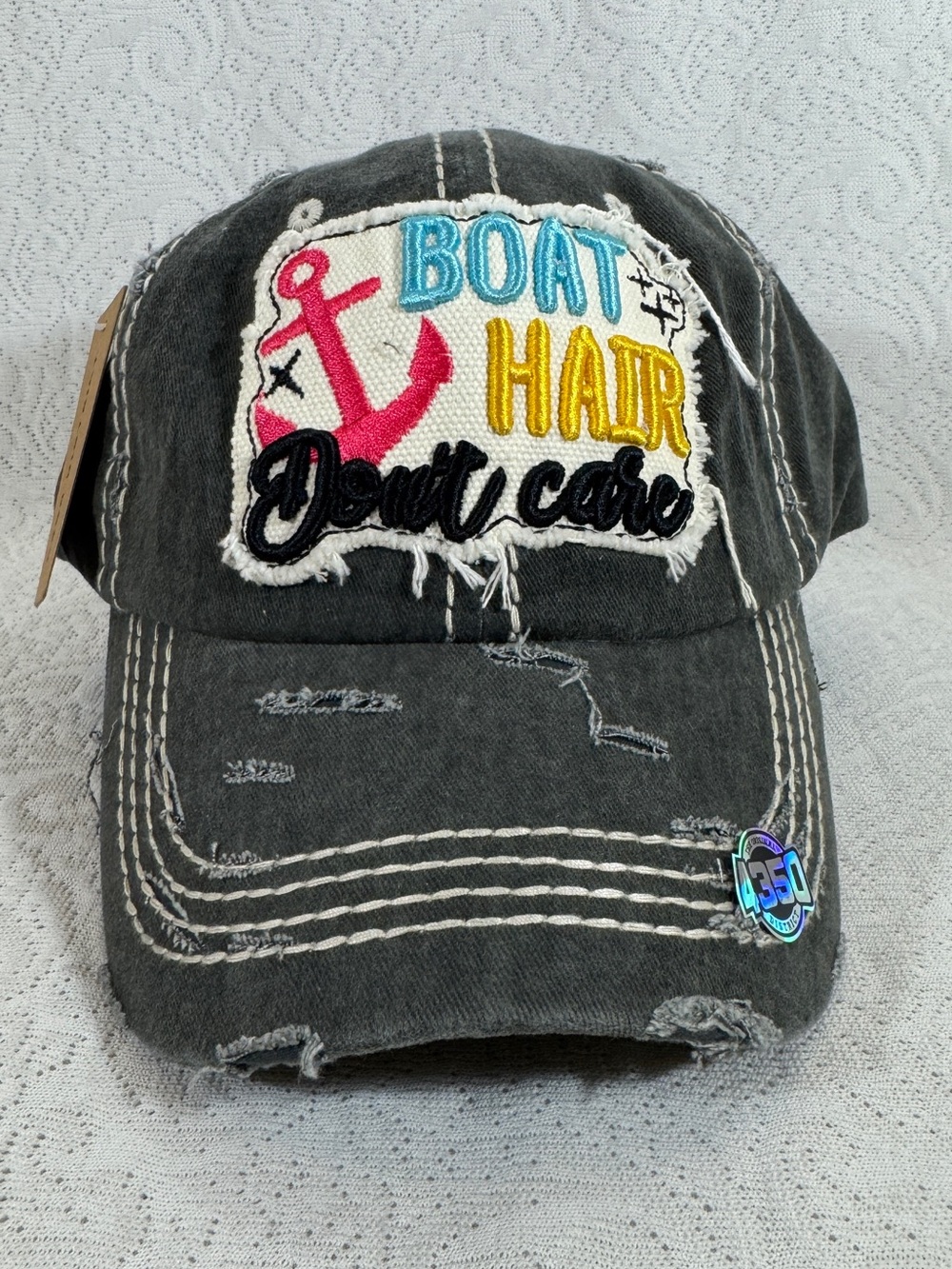 Boat Hair Don't Care Embroidered Distressed Black Cap